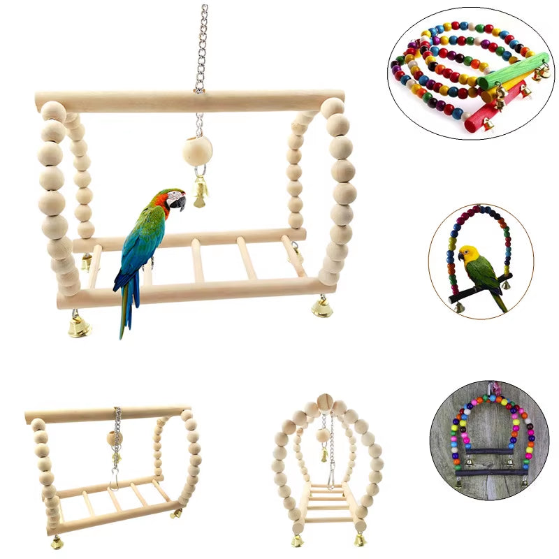 Parrots Toys Bird Swing Exercise Climbing Hanging Ladder Bridge Wooden Rainbow Pet Parrot Macaw Hammock Bird Toy with Bells