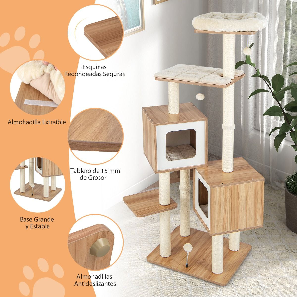 Árbol Para Gatos Con 2 Condominios Y Cojines Lavables Centro De Actividad De Varias Capas 58 X 65,5 X 163 Cm Natural